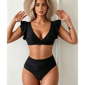 Women's Black Ruffle Sleeve Bikini Set, Plunge V-Neck Top & Ruched High Waist Bottom, 2 Piece Elegant Swimsuit (Option: M)