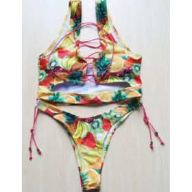 Pineapple Bikini for big boob Women Lace Up Swimwear Thong bikini set two pieces Swimsuit Bathing Suit female (Option: L-Fruits)