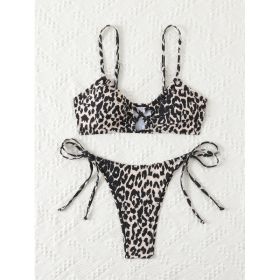 Women's Leopard Print Bralette Bikini Set, Crisscross Cutout Top & Tie Side High Cut Bottom, 2 Piece Swimsuit (Option: XL)