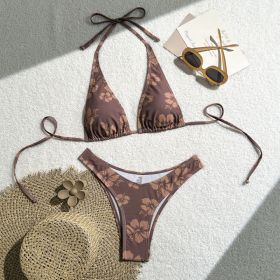 Women's Brown Hibiscus Floral Triangle Bikini Set, Tie-Side Halter Top & Cheeky Bottom, 2 Piece Tropical Swimsuit (Option: XL)