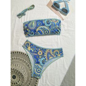 Women's Paisley Print Bandeau Bikini Set, Strapless Top With Removable Strap & High Cut Bottom (Option: XL)