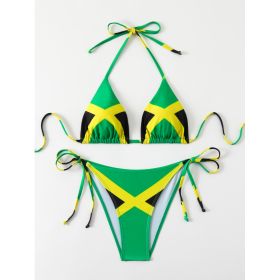 Women's Jamaica Flag Print Triangle Bikini Set, Halter Tie Top & Side Tie High Cut Bottom, 2 Piece Caribbean Swimsui (Option: XL)